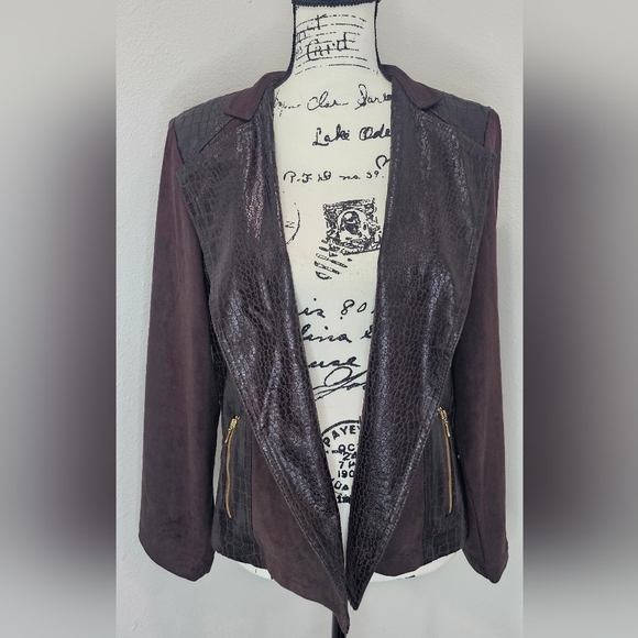 Chico’s Size 2 (L/12) Brown Faux Reptile Suede Open Front Cardigan Jacket Blazer - Picture 1 of 15